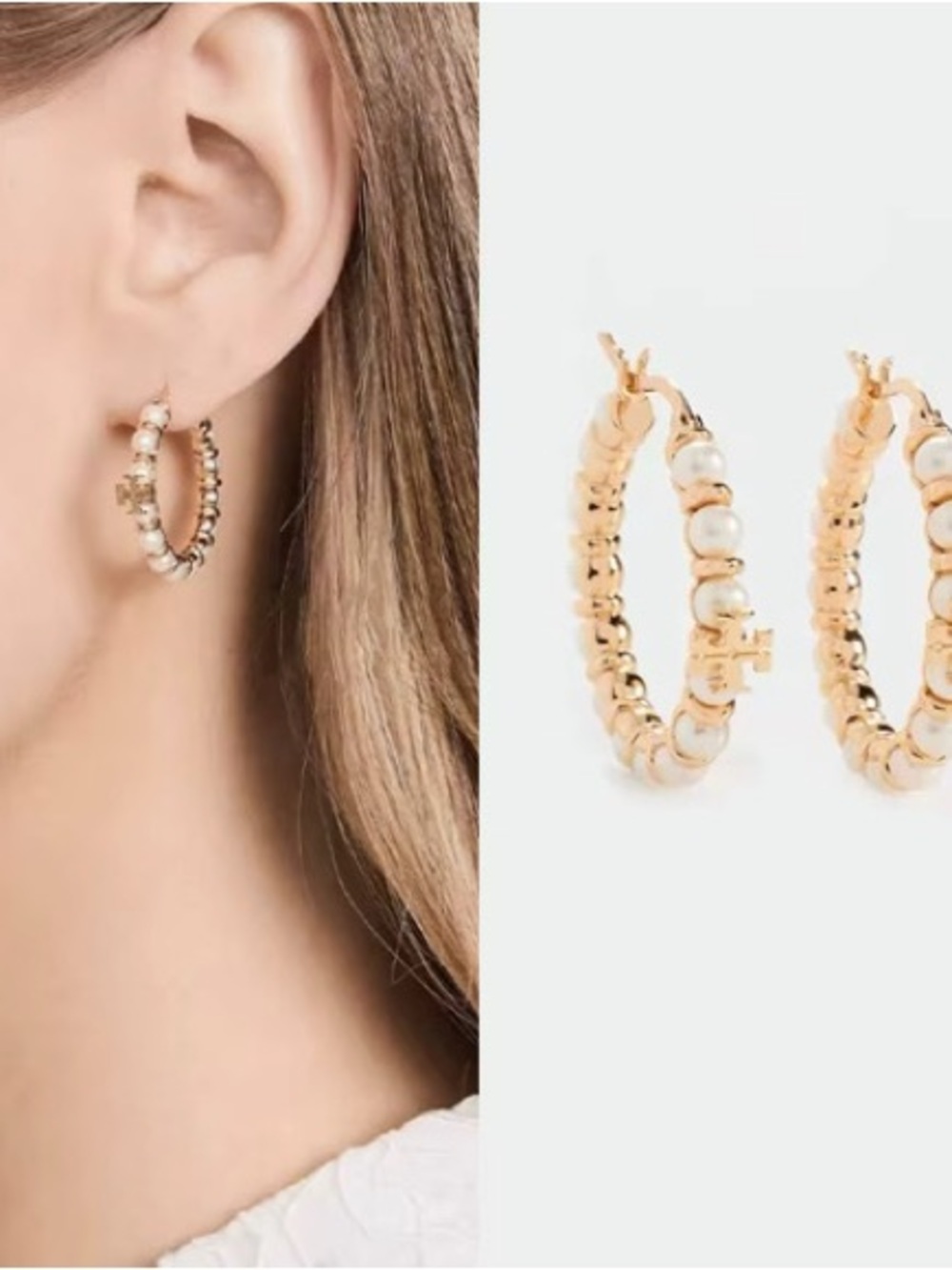 Tory Burch Gold Hoop Earrings with White Pearls